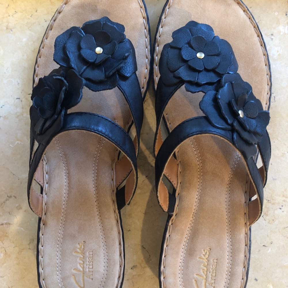 Clarks Black and Tan Sandals with Floral Design